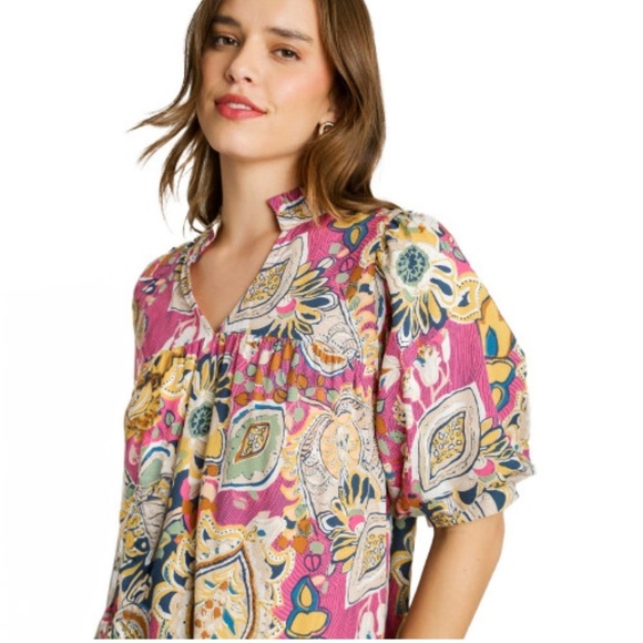 Umgee Alessia Mixed Print Puff Sleeve Blouse - Picture 3 of 8